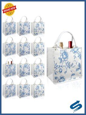 Set of 6 Burlap Jute Tote Bags with Handles Chinoiserie Floral Wedding Bridal